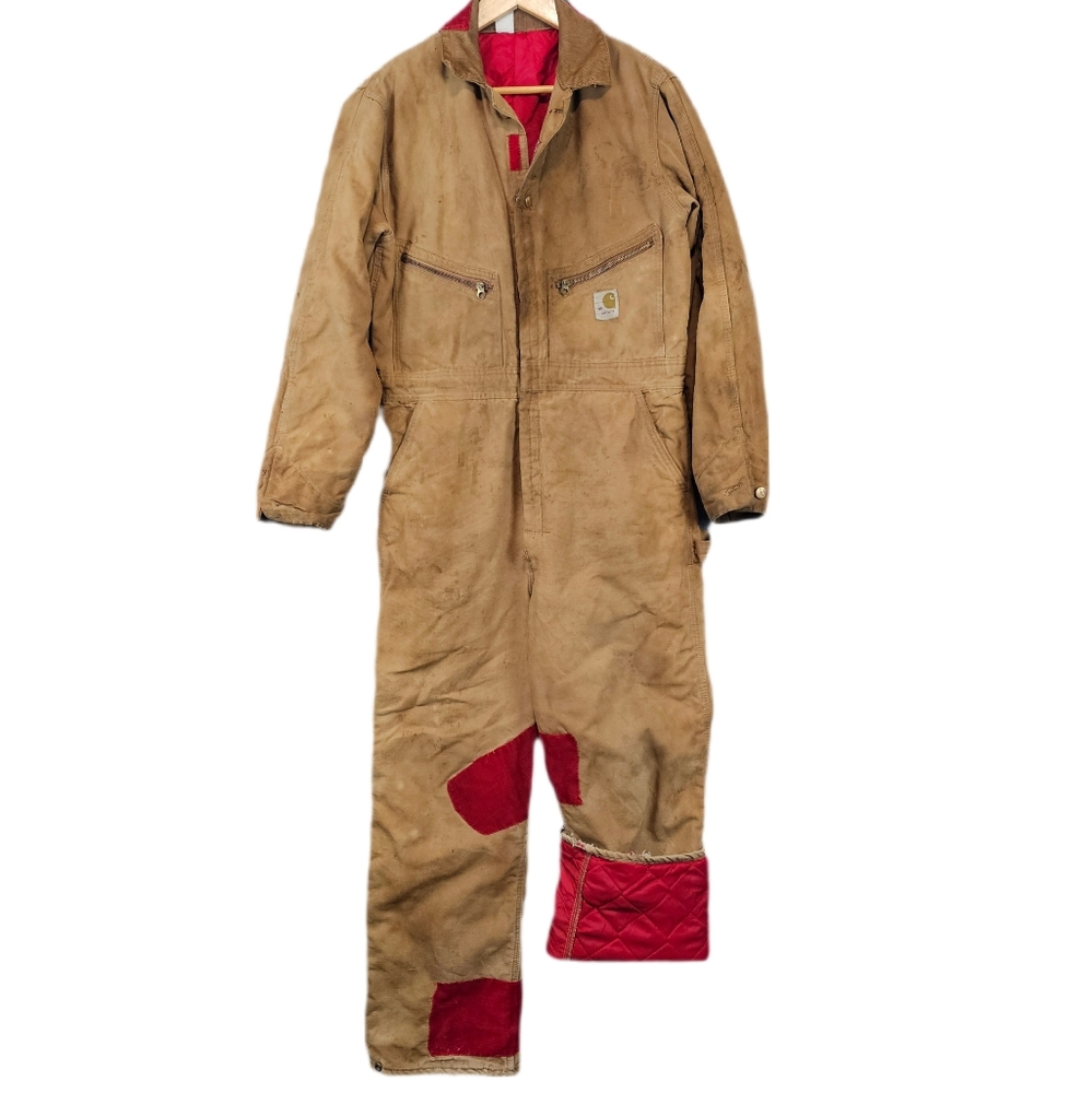 VTG 70s Carhartt Duck Coveralls USA Quilted Red Brown 38 Thrashed & Patched RARE